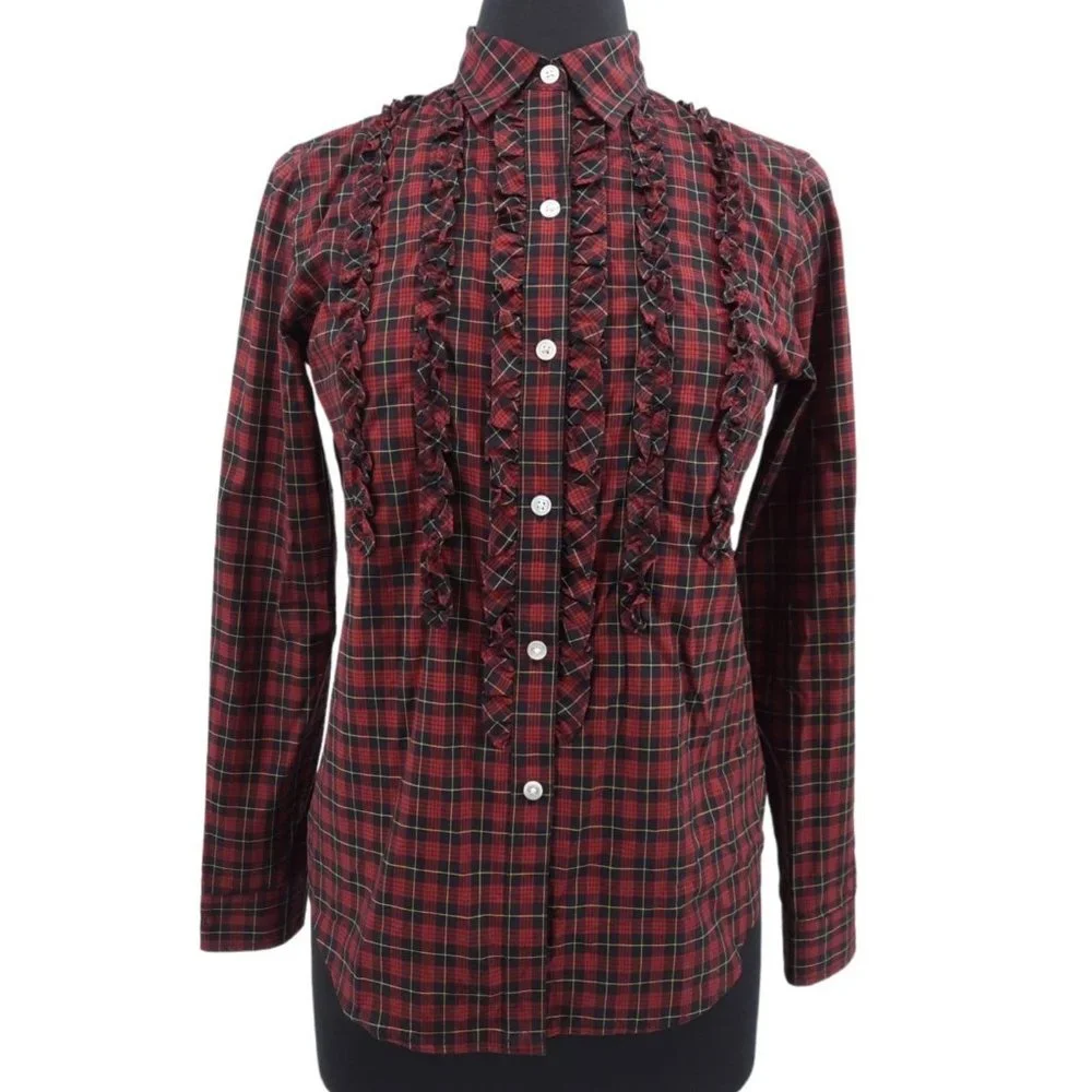 VTG 90s Lauren Ralph Lauren Red Plaid Ruffled Button Up Long Sleeve Top S Petite - Picture 1 of 9
